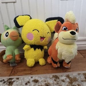 Set Of 3 Pokemon Yellow and Black Pichu, Grooky, Growlithe Plush Toy